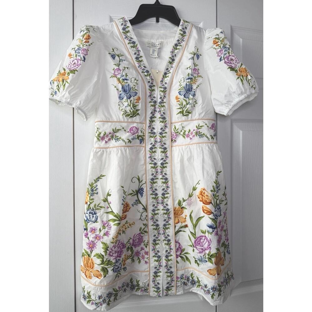Calypso White Floral V-Neck Puff Sleeve Bordered Mini Dress Size M - Picture 3 of 13